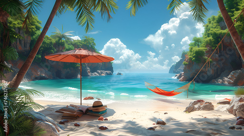 Wave of the sea on the sandy beach  Palms on empty idyllic tropical  summer landscape with beach swing or hammock and white sand and calm sea  ai generated