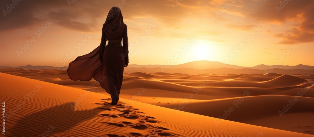 Silhouette view of beautiful muslim woman walking on desert sand Silhouette view of beautiful muslim woman walking on desert sand