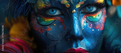 A close-up view of a woman with beautiful and scary face paint.