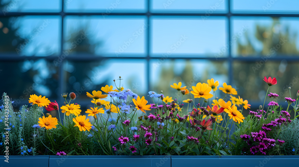 Photograph flowers reflected in the windows or surfaces of modern buildings Photograph flowers reflected in the windows or surfaces of modern buildings