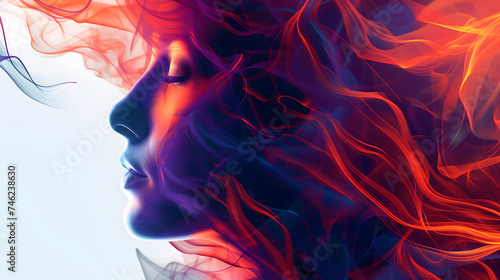 Artistic illustration of a woman's face with flowing hair forming abstract art for Women's Day branding. Close-up side view of a woman purple face with red flamed hair and white background.