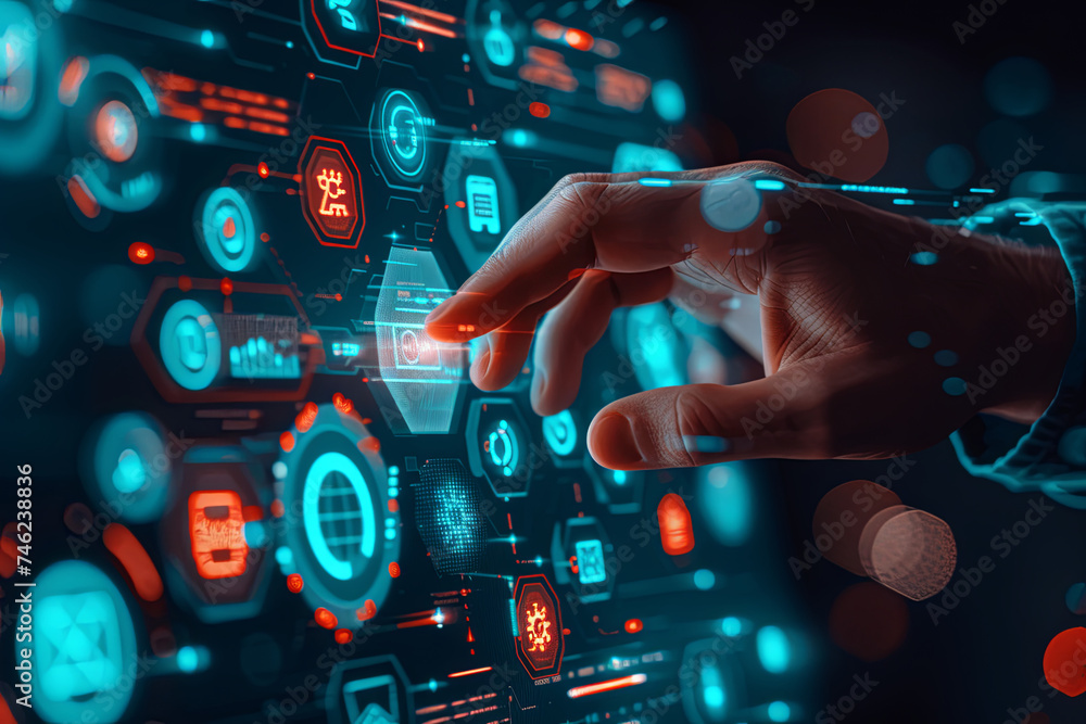 Fototapeta premium Businessperson Engages in Online Banking on a Virtual Screen, Embracing Digital Innovation Technology in Finance and Banking Networking