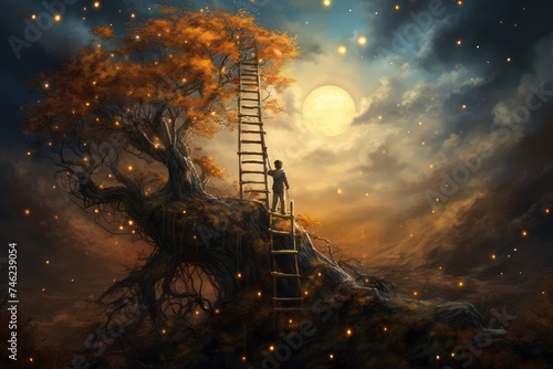 Magical landscape with kid climbing ladder