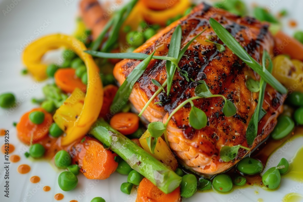 Baked salmon with asparagus, peas, yellow peppers, carrots and spring onions on white plate. AI Generated Baked salmon with asparagus, peas, yellow peppers, carrots and spring onions on white plate. AI Generated
