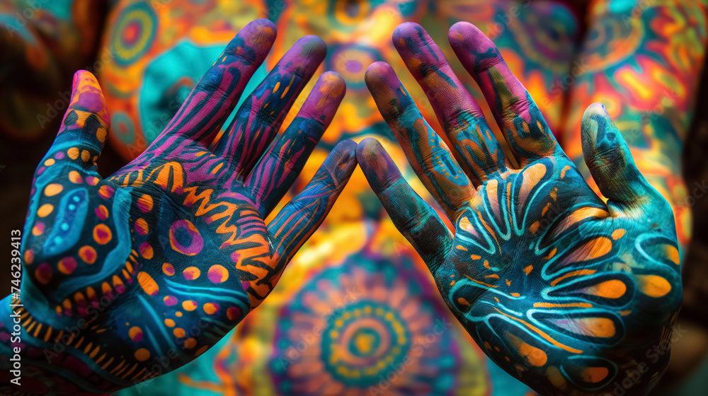 Hands painted with vibrant tribal patterns.