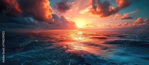 This photo captures the beauty of a sunset over the ocean, with the sea meeting the colors of the sky. photo