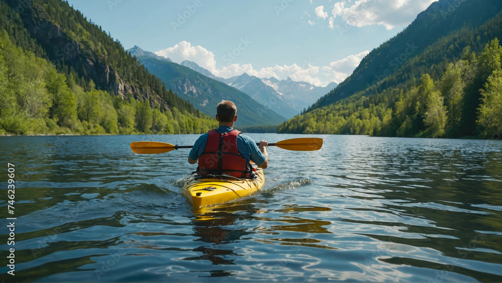 Young man kayaking on a beautiful mountain lake in the mountains