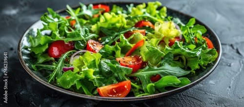 A fresh and colorful salad with ripe tomatoes and crisp lettuce, presented on a sleek black backdrop.