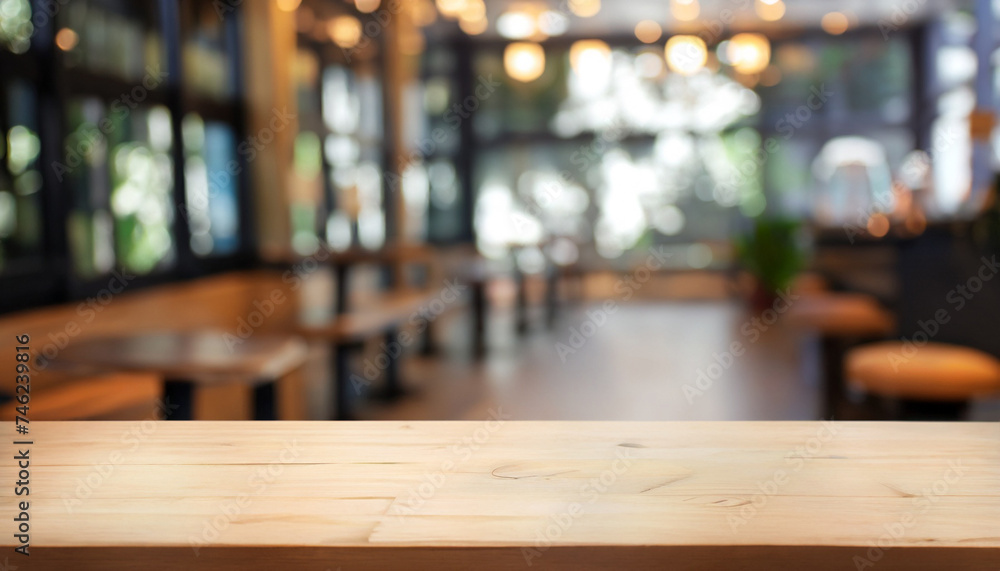 Empty coffee table over defocused coffee shop background with copy space for your text or design