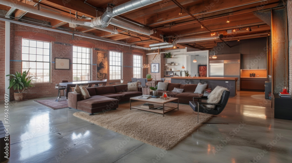 Situated in an old factory building this industrial apartment features an open floor plan with exposed brick walls steel beams and concrete floors. The expansive windows provide Situated in an old factory building this industrial apartment features an open floor plan with exposed brick walls steel beams and concrete floors. The expansive windows provide