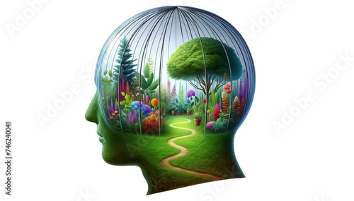 An image showing a human head silhouette with a landscape scene within, suggesting a concept of a world inside the mind, perhaps symbolizing thoughts, dreams, or one's inner world. © Ross
