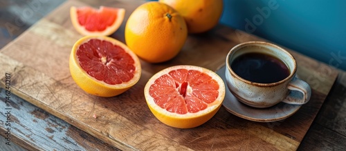 A wooden cutting board holds grapefruits and a cup of black Americano coffee, representing a diet breakfast.