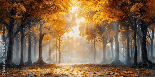 Autumn forest road in autumn leaves and tree background and morning sunlight in the background   A forest landscape with a river and trees with a sunlight  in the background and wallpaper photo