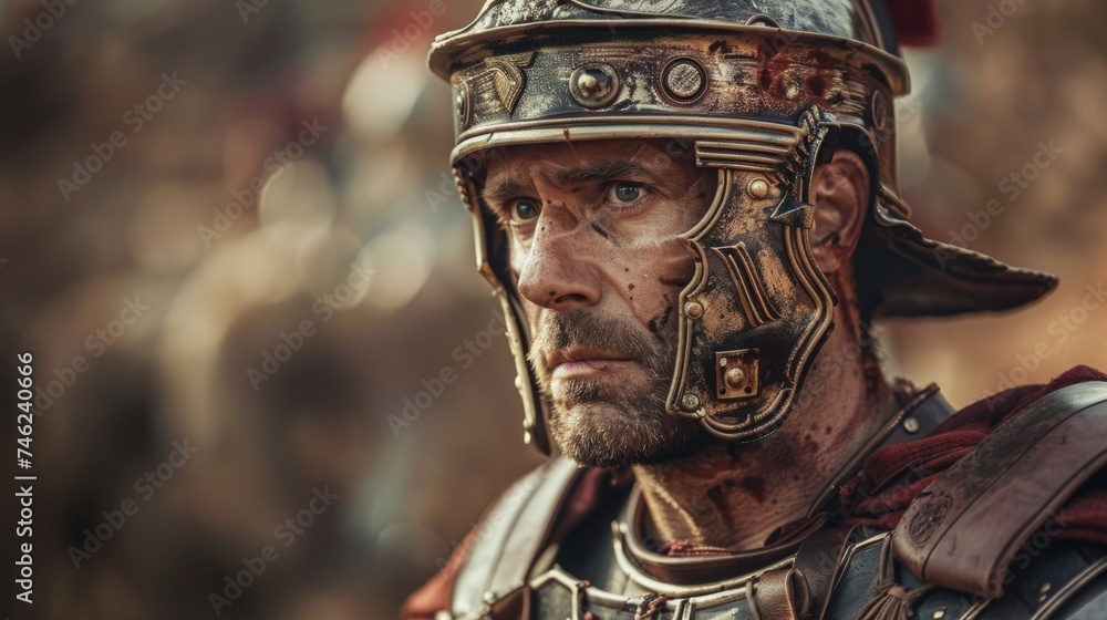 A battleworn Roman legionary stands victorious with ied armor and a determined expression. A battleworn Roman legionary stands victorious with ied armor and a determined expression.