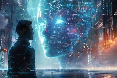 A man stands in front of AI hologram digital heads and futuristic city. The concept of artificial intelligence and innovative technologies, , showcasing the wonder of future tech.