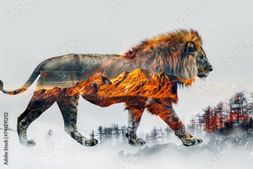 A regal lion blended with the fiery colors of a volcanic landscape in a double exposure