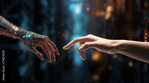 The human finger delicately touches the finger of a robot's metallic finger. Concept of harmonious coexistence of humans and AI technology