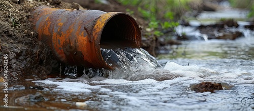 After a downpour, an outdoor rusty pipe releases a strong water flow, serving water disposal and public services, into a stream.