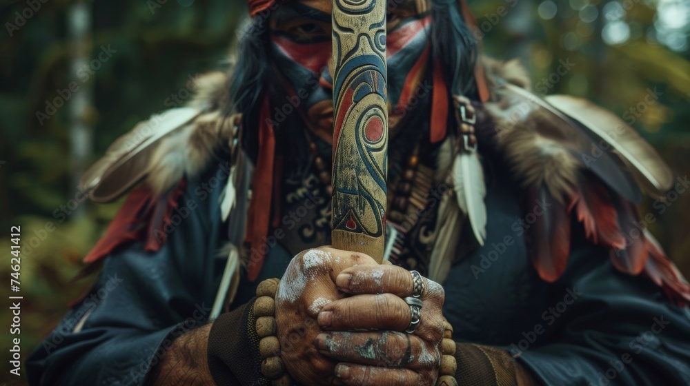 A Tlingit warrior grips his traditional war club tightly showcasing his impressive strength and warrior training.