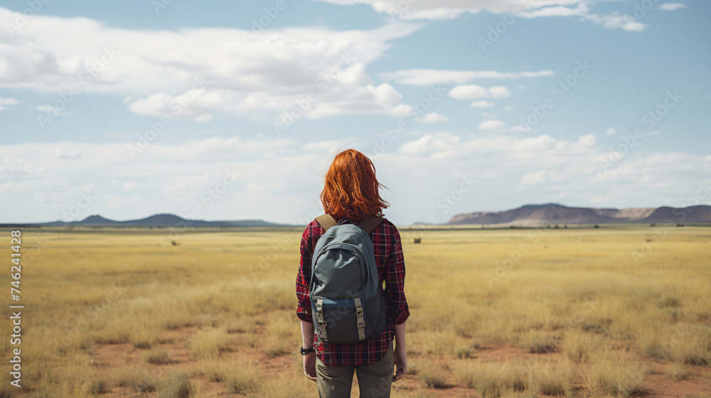 Red-Haired Female Explorer with Backpack Gazing Across Vast Plains Under Cloudy Skies. Adventure and Travel Concept