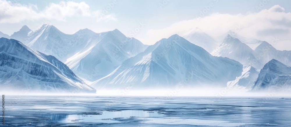 An artfully rendered depiction of a glistening mountain range with an icy texture, set against a watercolor-like backdrop of frozen Lake Baikal.