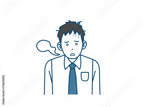 ショックを受けて放心状態になる若い会社員の男性のイラスト