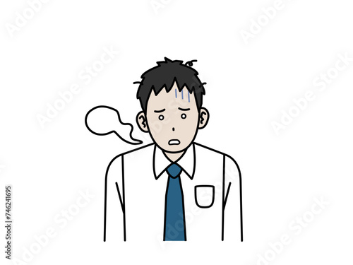 ショックを受けて放心状態になる若い会社員の男性のイラスト