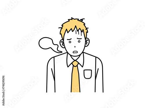 ショックを受けて放心状態になる若い会社員の男性のイラスト