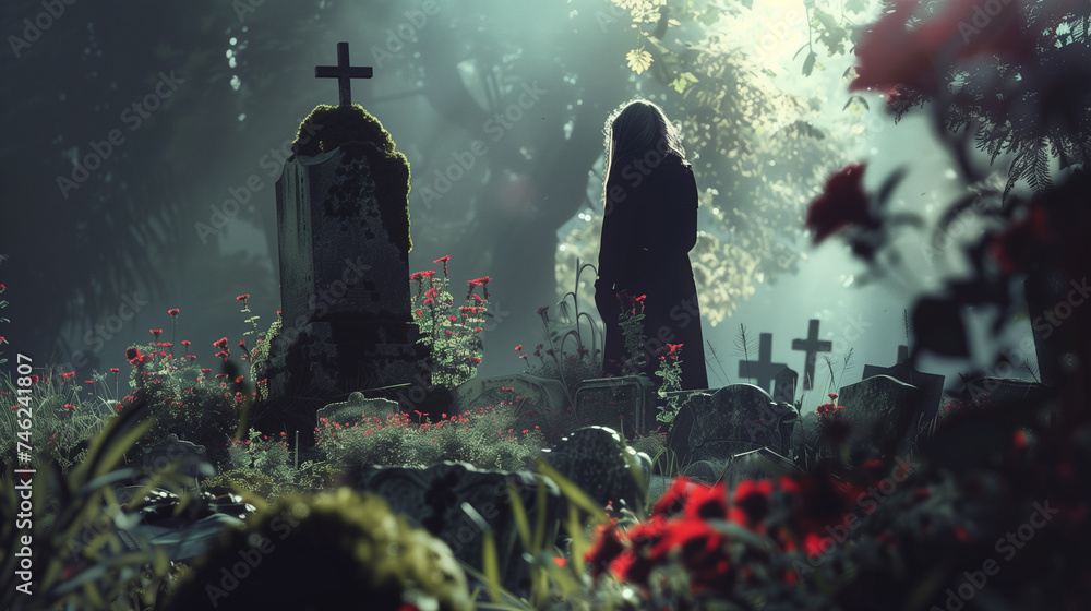woman in the graveyard with wonderful flowers. - obrazy, fototapety, plakaty 