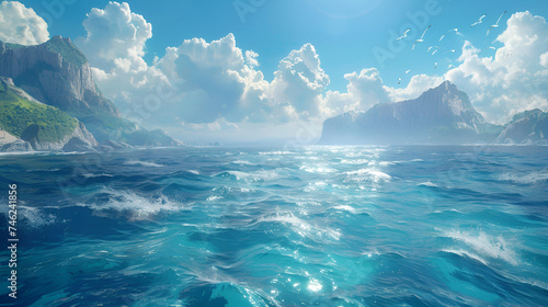Realistic high-res image of a sunny day with blue ocean and skies, Generative AI © Azmee