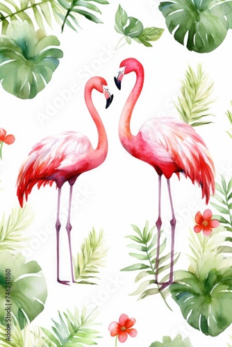 Watercolor tropical seamless pattern with pink flamingos on monstera leaves background. Exotic Hawaii art background. Fashion design for fabric and decor.