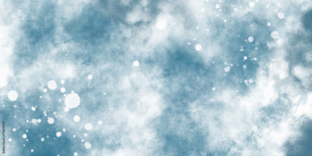 Watercolor cloudy blue background. Snow-covered Blue Sky on a Winter Day. cloudy sky Bright and shiny cloudy sky blue watercolor background. white clouds for any wallpaper and decoration and design. 