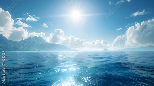 Realistic high-res image of a sunny day with blue ocean and skies, Generative AI