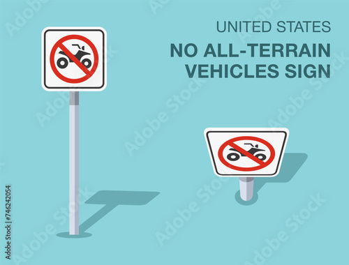Traffic regulation rules. Isolated United States no all-terrain vehicles sign. Front and top view. Flat vector illustration template.