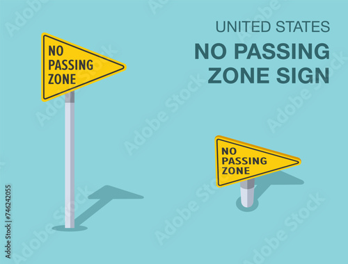 Traffic regulation rules. Isolated United States no passing zone sign. Front and top view. Flat vector illustration template.