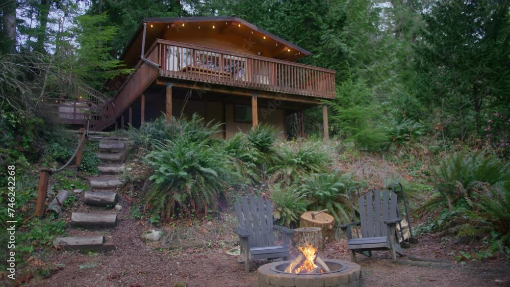 Outdoor nature weekend getaway trip. Wooden mountain cabin in magical Washington forest. Fire woods burning in fire pit with wooden cabin on background. Countryside house in evergreen mountain forest