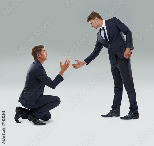 Принти на полотні Assistance, help and teamwork with business man in studio on gray background for aid or support