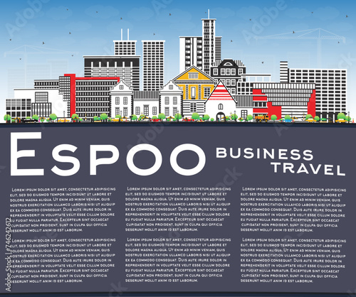 Espoo Finland city skyline with color buildings, blue sky and copy space. Espoo cityscape with landmarks. Business travel, tourism concept with modern and historic architecture.
