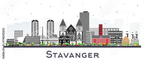 Stavanger Norway city skyline with color buildings isolated on white. Vector illustration. Stavanger cityscape with landmarks. Business travel and tourism concept with historic architecture.