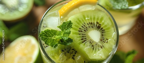 A close-up view of a glass filled with a revitalizing mixed drink made with kiwi citrus and mint. The drink contains sliced fruits like kiwi, citrus, and aromatic mint leaves, creating a fresh and