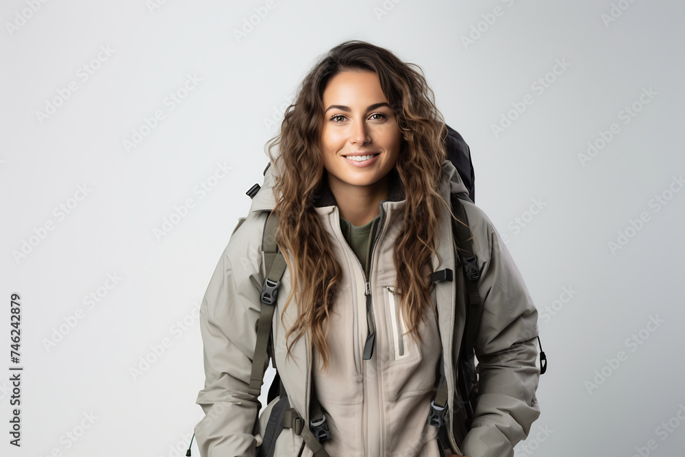 Smiling Adventurous Woman with Backpack Ready for Hiking. Outdoor Exploration and Travel Concept Smiling Adventurous Woman with Backpack Ready for Hiking. Outdoor Exploration and Travel Concept