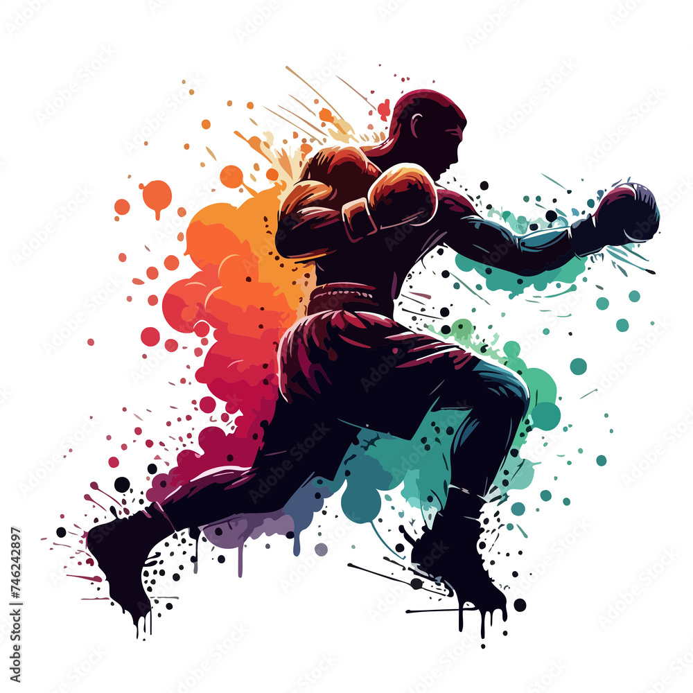 silhouette of a boxer throwing punches with gradient paint splashes silhouette of a boxer throwing punches with gradient paint splashes