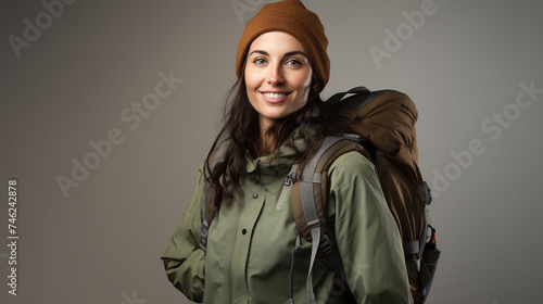Smiling Adventurous Woman with Backpack Ready for Hiking. Outdoor Exploration and Travel Concept
