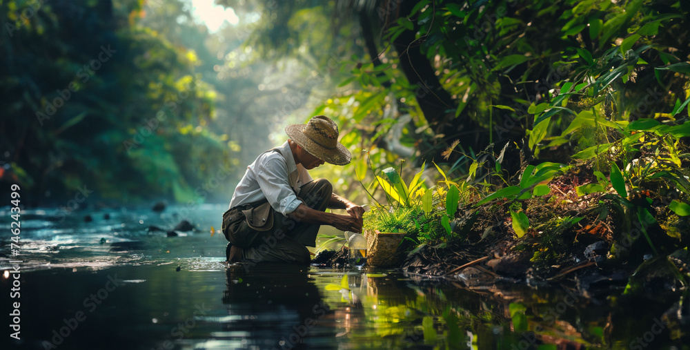 A farmer kneels by a river, carefully collecting water samples in a glass vial. Lush greenery surrounds them. - obrazy, fototapety, plakaty 
