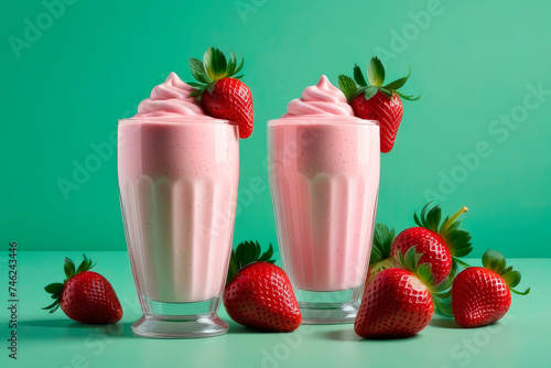 A healthy breakfast or snack option is a blended strawberry protein smoothie or milkshake on a pastel green background.