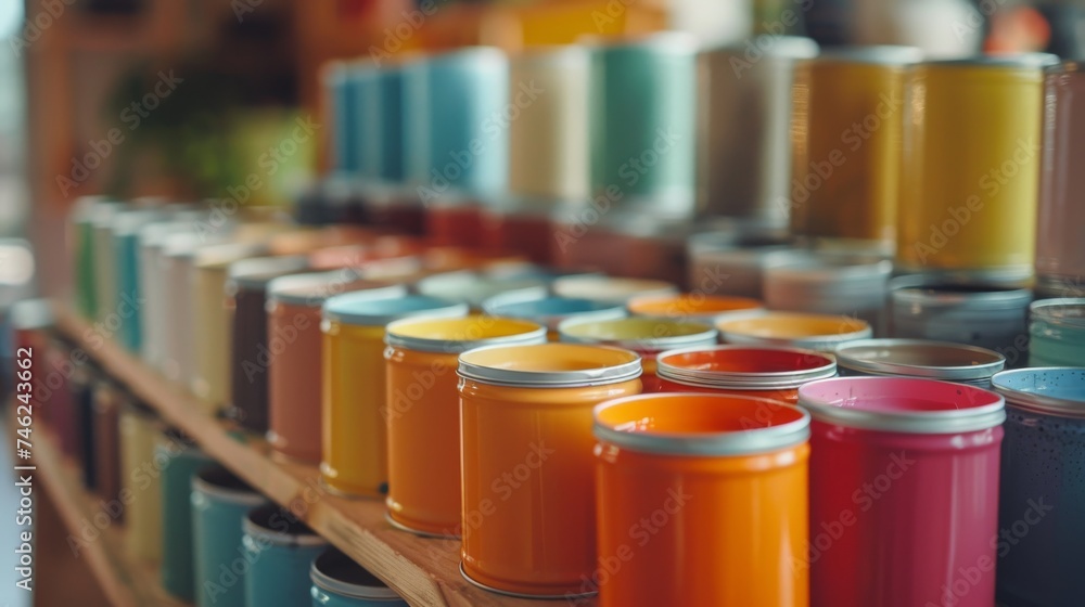 Sample paint cans during house renovation, process of choosing paint for the walls Sample paint cans during house renovation, process of choosing paint for the walls