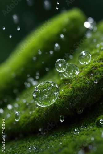 a close-up of water droplets on a moss