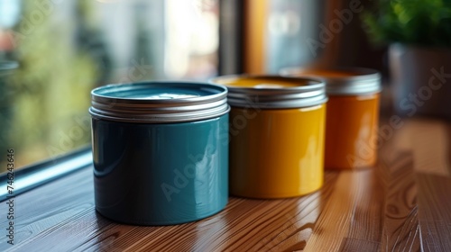 Sample paint cans during house renovation, process of choosing paint for the walls photo