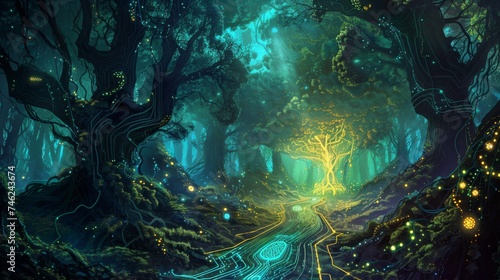 A mystical digital illustration of an enchanted forest glowing with bioluminescent lights and vibrant foliage.