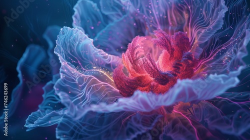 Digital art capturing the essence of an abstract flower reminiscent of neon coral, blooming vividly in an undersea-like environment. © doraclub